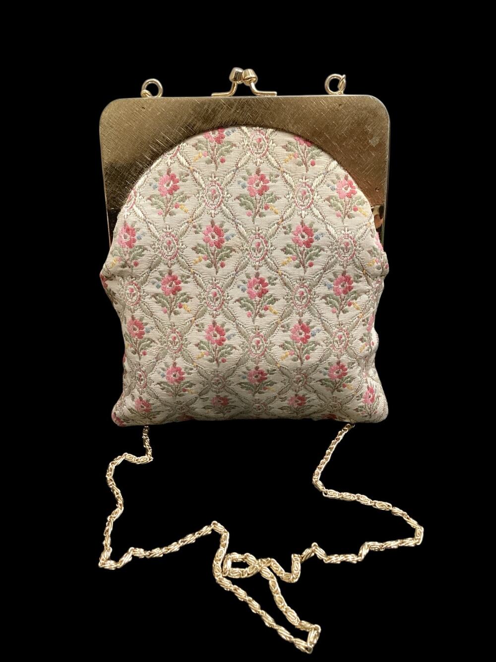 Vintage Purse 1960’s Tapestry Evening Shoulder/ Crossbody Bag Flower Print Beige
